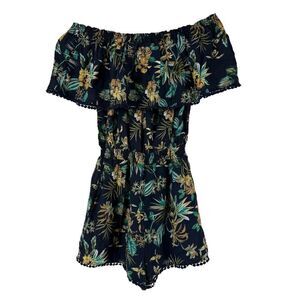Plumberry Romper Off The Shoulder Ruffle Size L Blue Tropical Floral Beach Wear